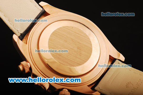 Rolex Daytona Chronograph Miyota Quartz Movement Rose Gold Case with Diamond Bezel and White Markers - Black Leather Strap - Click Image to Close
